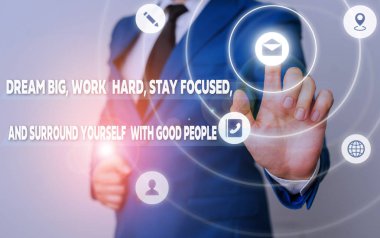 Kelime yazma metin Dream Big Work Hard Stay Odaklanmış. Dream Big Work Hard Stay Odaklanmış ve İyi İnsanlar ile Kendinizi Surround için İş konsepti.