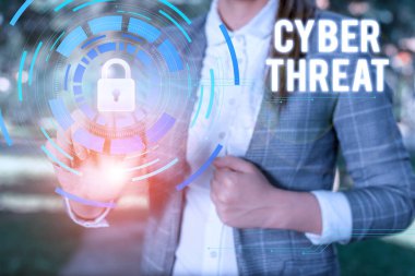 Siber Tehdit'i gösteren metin işareti. Kavramsal fotoğraf bir bilgisayar sistemi kadın giyim resmi iş elbisesi sunum kullanımı akıllı cihaz sunan ciddi zarar verme potansiyeline sahiptir.