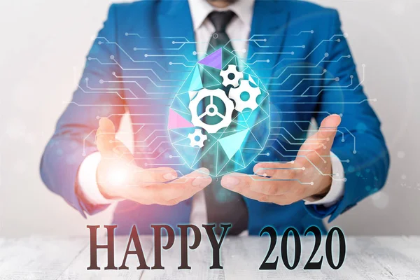 Writing Megjegyzés mutatja Happy 2020. Üzleti fotó bemutató idő vagy nap, amikor egy új naptári évben kezdődik már férfi emberi kopás hivatalos öltönyt bemutató segítségével intelligens készülék. — Stock Fotó