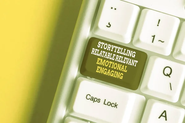 Text sign showing Story Telling relatablerele. Conceptual photo Storytelling Relatable Relevant Emotional Engaging White pc keyboard with empty note paper above white background key copy space.