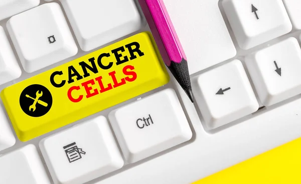 Handwriting text Cancer Cells. Concept meaning forming solid tumors or flooding the blood with abnormal cells White pc keyboard with empty note paper above white background key copy space.
