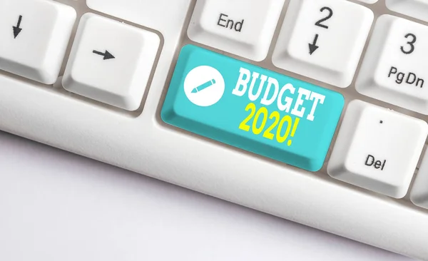 Handwriting text Budget 2020. Concept meaning estimate of income and expenditure for next or current year White pc keyboard with empty note paper above white background key copy space. — Stock Photo, Image