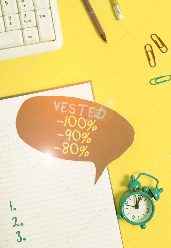 Conceptual hand writing showing Vested 100 Percent 90 Percent 80 Percent. Business photo showcasing Eligible for Retirement Benefit based on years of Service Empty red bubble paper on the table with