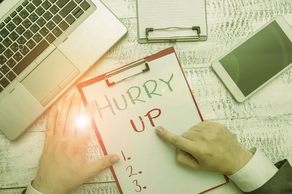 Conceptual hand writing showing Hurry Up. Business photo showcasing asking someone to do a job very fast Quickly Lets go Encourage. — Stock Photo, Image