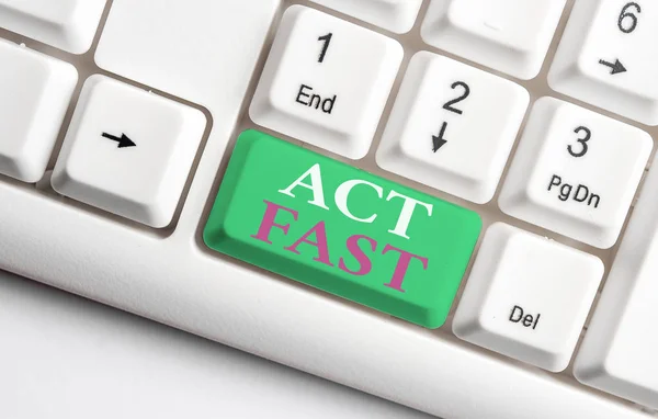 Text sign showing Act Fast. Conceptual photo Voluntarily move in the highest state of speed initiatively White pc keyboard with empty note paper above white background key copy space.