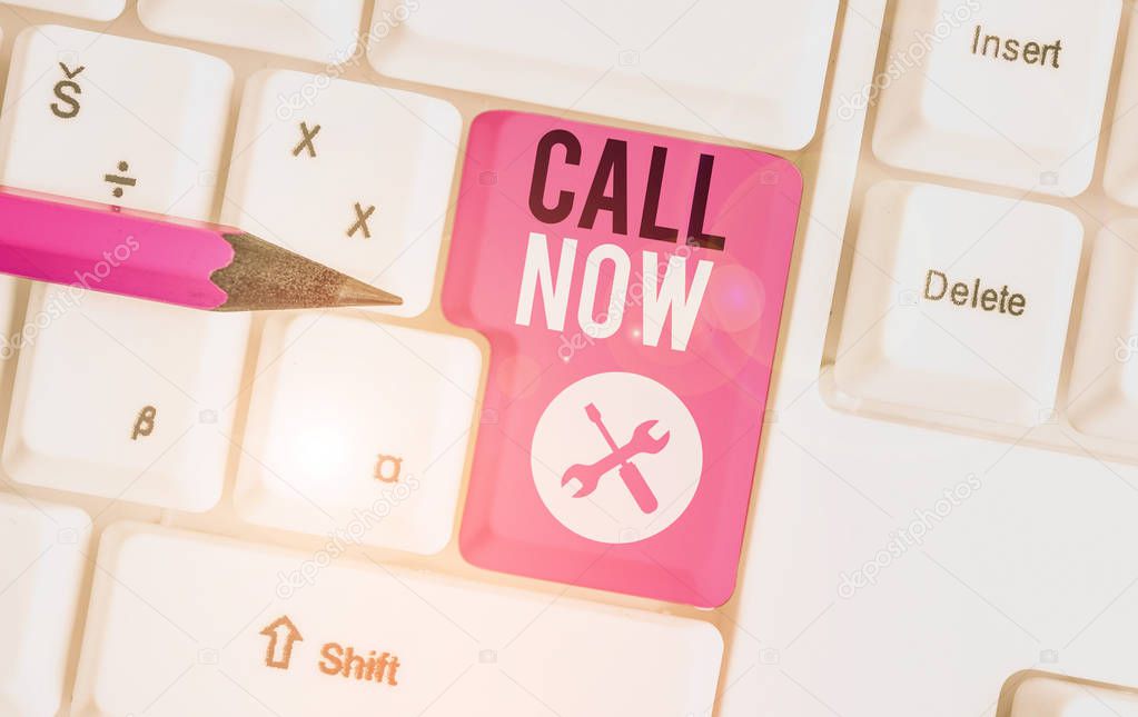 Text sign showing Call Now. Conceptual photo To immediately contact a demonstrating using telecom devices with accuracy White pc keyboard with empty note paper above white background key copy space.