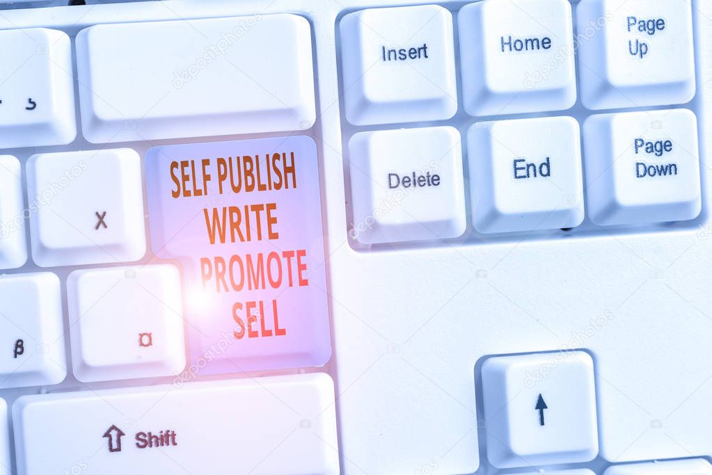 Handwriting text Self Publish Write Promote Sell. Concept meaning Auto promotion writing Marketing Publicity White pc keyboard with empty note paper above white background key copy space.