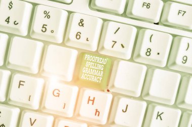 Conceptual hand writing showing Proofread Spelling Grammar Accuracy. Business photo showcasing Grammatically correct Avoid mistakes White pc keyboard with note paper above the white background. clipart