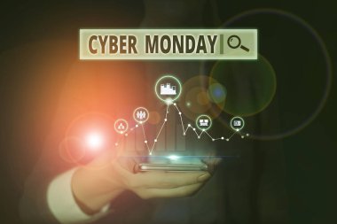Kelime yazma metin Cyber Pazartesi. Şükran tatili Online alışveriş günü Kadın sonra Pazartesi için İş konsepti akıllı cihaz kullanarak sunum sunan resmi iş elbisesi giymek.