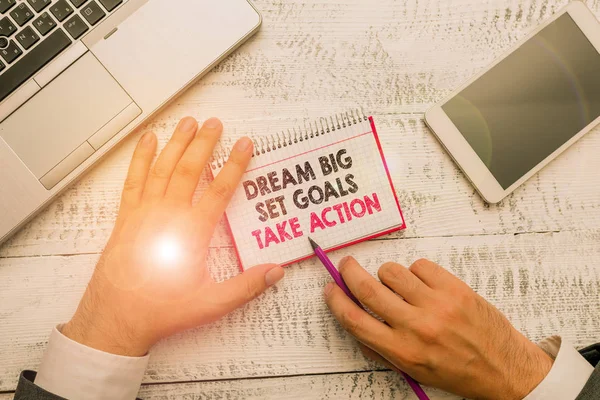 Word writing text Dream Big Set Goals Take Action. Business concept for Motivation to follow your dreams Inspiration.