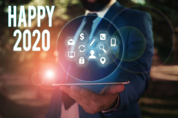 Fogalmi kéz írása bemutató Happy 2020. Üzleti fotó bemutató idő vagy nap, amikor egy új naptári év kezdődik mostantól. — Stock Fotó