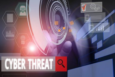 Siber Tehdit yazan el yazısı metin. Kavram anlamı bir bilgisayar sistemi erkek giyim resmi iş elbisesi akıllı cihaz kullanarak sunum sunan ciddi zarar verme potansiyeline sahiptir.