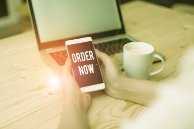 El yazısı metin yazma Sipariş Şimdi. Kavram anlamı hizmet restoranları veya mağazalar ev kadın dizüstü bilgisayar akıllı telefon kupa ofis malzemeleri teknolojik cihazlar ne ihtiyacınız almak için sağlamak.