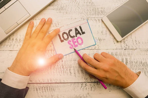 Writing note showing Local Seo. Business photo showcasing This is an effective way of marketing your business online. — Stock Photo, Image