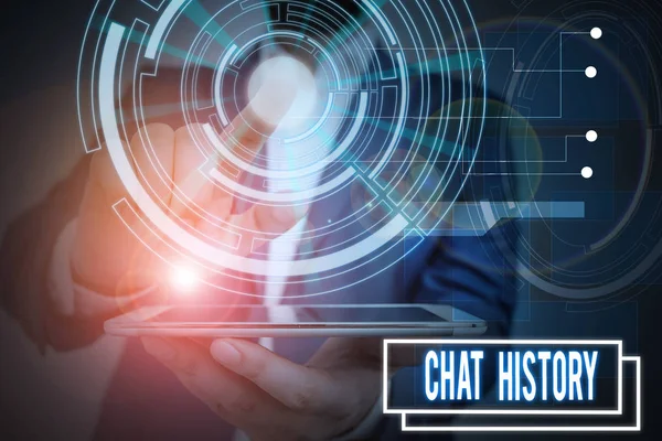 Text sign showing Chat History. Conceptual photo archive of transcripts from online chat and instant messaging Male human wear formal work suit presenting presentation using smart device. — Stock Photo, Image