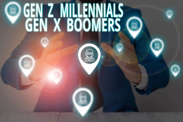 Gen Z Millennials Gen X Boomers gösteren kavramsal el yazısı. İş fotoğraf vitringeneration farklılıkları Old Young gösteren Erkek resmi takım elbise sunum akıllı cihaz sunan giyim. — Stok fotoğraf