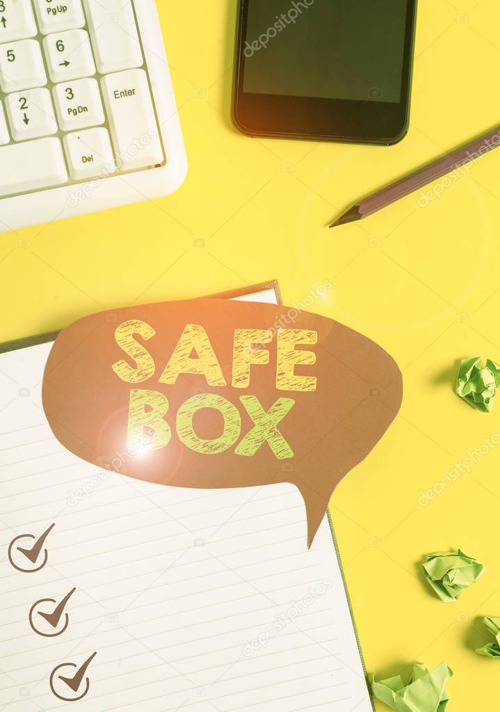 Handwriting text Safe Box. Concept meaning A small structure where you can keep important or valuable things Empty red bubble paper on the table with pc keyboard.