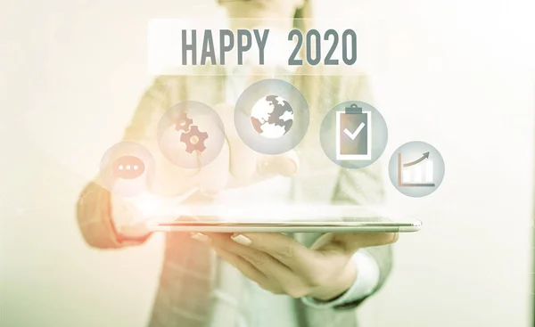 Fogalmi kéz írása bemutató Happy 2020. Üzleti fotó bemutató idő vagy nap, amikor egy új naptári évben kezdődik most női emberi kopás hivatalos öltönyt bemutató intelligens készülék. — Stock Fotó
