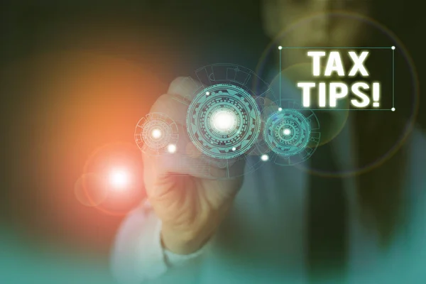 Text sign showing Tax Tips. Conceptual photo compulsory contribution to state revenue levied by government Woman wear formal work suit presenting presentation using smart device. — Stock Photo, Image
