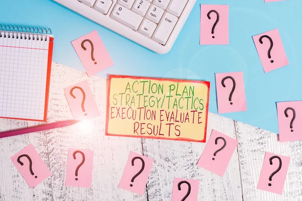Text sign showing Action Plan Strategy Ortacti. Conceptual photo Action Plan Strategy Or Tactics Execution Evaluate Results Writing tools, computer stuff and math book sheet on top of wooden table.