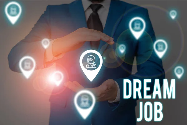 Word writing text Dream Job. Business concept for An act that is paid of by salary and giving you hapiness Male human wear formal work suit presenting presentation using smart device.