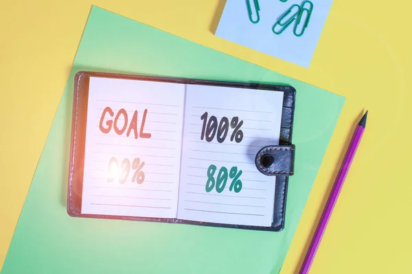 Conceptuele handschrift toont Doelstelling 100 Procent 90 Procent 80 Procent. Zakelijke foto showcasing Percentage van uw doelstellingen realisatie succes niveau Vergrendeld dagboek gestreepte vellen clips notitieblok — Stockfoto