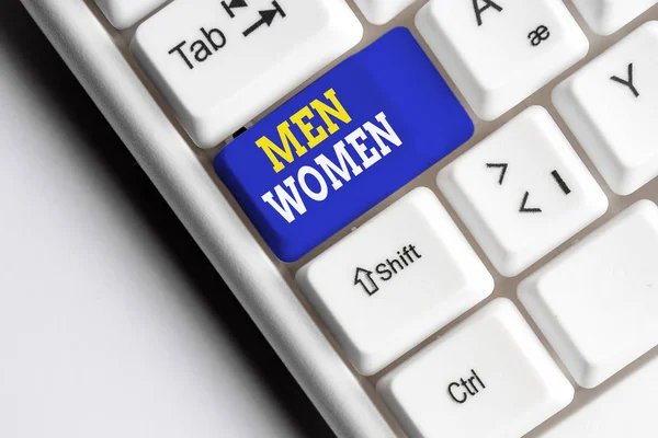 Conceptual hand writing showing Men Women. Business photo showcasing The state where in a boy or a girl turns to be a mature adult White pc keyboard with note paper above the white background. — Stock Photo, Image