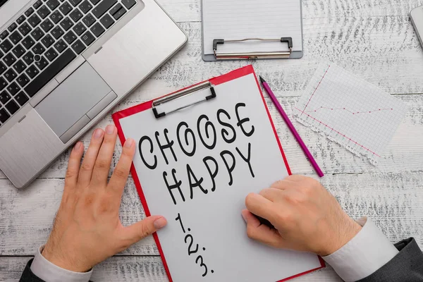 手写体书写选择快乐。 概念的意思是为自己创造真正持久快乐的能力. — 图库照片