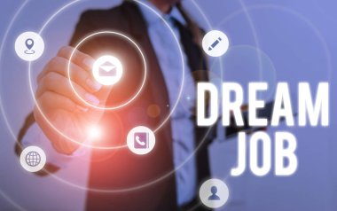 Dream Job 'u gösteren bir not yazıyorum. İş fotoğrafı gösterimi maaşla ödenen ve size mutluluk veren bir eylem..