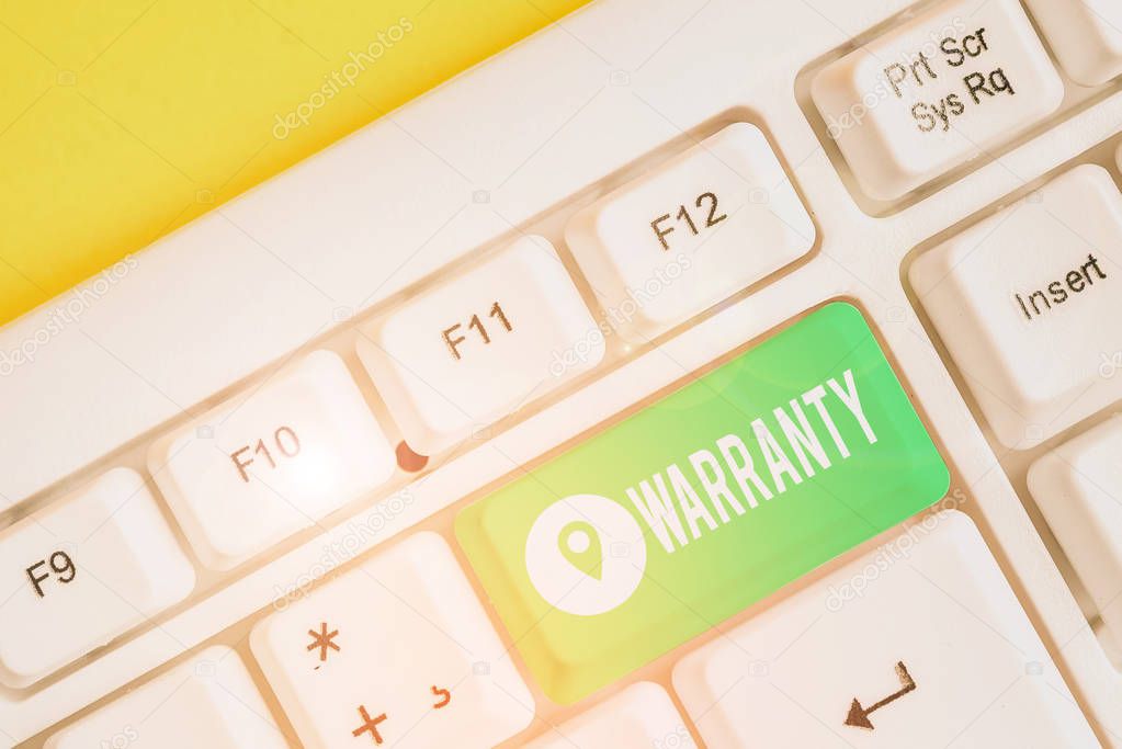 Text sign showing Warranty. Conceptual photo Free service of repair and maintenance of the product sold White pc keyboard with empty note paper above white background key copy space.