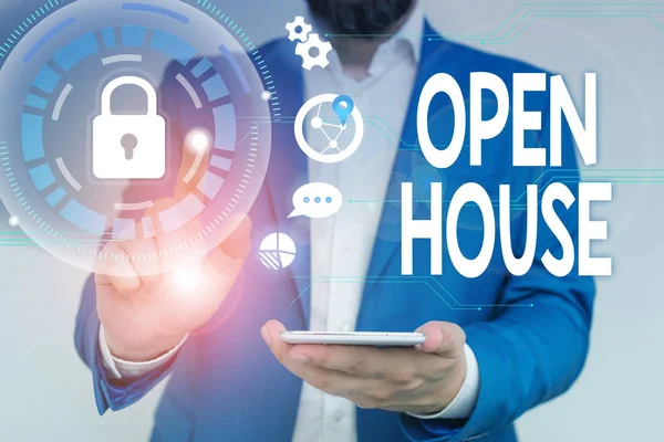 Word writing text Open House. Business concept for you can come whatever whenever want Make yourself at home Male human wear formal work suit presenting presentation using smart device. — Stock Photo, Image