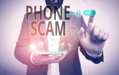 Word writing text Phone Scam. Business concept for getting unwanted calls to promote products or service Telesales Male human wear formal work suit presenting presentation using smart device.