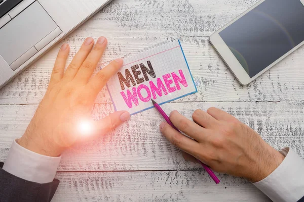 Writing note showing Men Women. Business photo showcasing The state where in a boy or a girl turns to be a mature adult. — Stockfoto