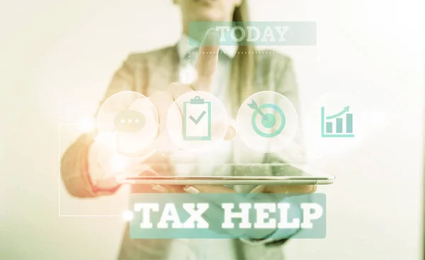 Text sign showing Tax Help. Conceptual photo Assistance from the compulsory contribution to the state revenue Female human wear formal work suit presenting presentation use smart device. — Stock Photo, Image