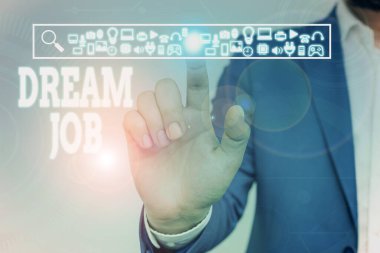 Dream Job 'u gösteren bir not yazıyorum. İş fotoğrafı tanıtımı maaşla ödenen ve size mutluluk veren bir eylem. Erkek giyimi giyin ve sunum sunumu yapın. Akıllı aygıt..