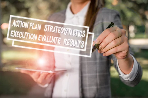 Text sign showing Action Plan Strategy Ortacti. Conceptual photo Action Plan Strategy Or Tactics Execution Evaluate Results Outdoor background with business woman holding lap top and pen.