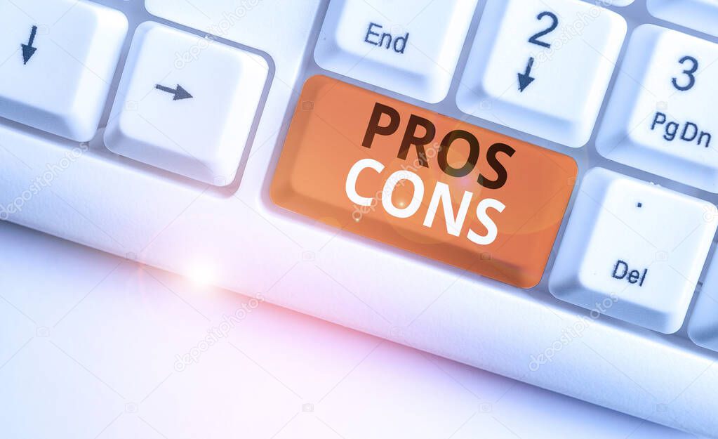 Writing note showing Pros Cons. Business photo showcasing The favorable and unfavorable factors or reasons of demonstrating White pc keyboard with note paper above the white background.