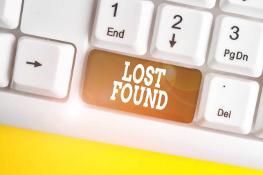 Lost Found'u gösteren kavramsal el yazısı. İş fotoğrafı metni Geride bırakılan ve beyaz arka planın üzerinde not kağıdı olan Beyaz pc klavyesini sahibine gönderebilecek şeyler.