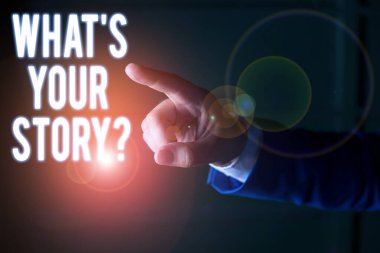 Kelime yazma metni Ne S Your Story Soru. Onun geçmiş yaşam eylemleri kariyer veya olaylar Hakkında gösteren soran iş kavramı Parmak ile işaret izole el. İş kavramı işaret