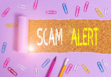 El yazısı metin yazma Scam Alert. Kavram anlamı düzeni veya dolandırıcılık bildirimi hakkında birini uyarmak herhangi bir olağandışı.