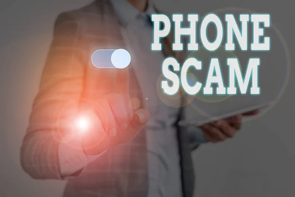 Writing note showing Phone Scam. Business photo showcasing getting unwanted calls to promote products or service Telesales Woman wear formal work suit presenting presentation using smart device. — Stock Photo, Image