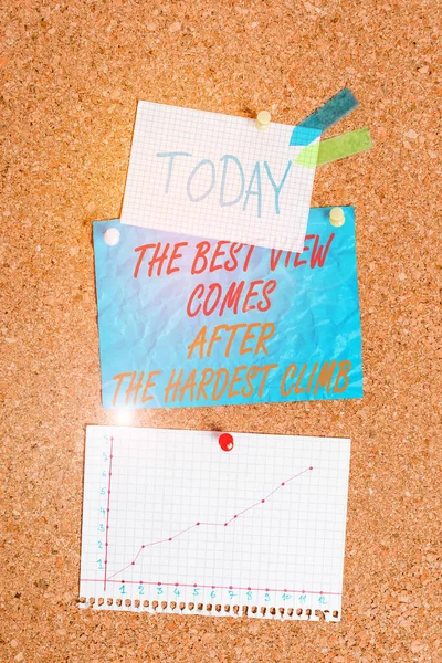 Handwriting text The Best View Comes After The Hardest Climb. Concept meaning reaching dreams takes effort Corkboard color size paper pin thumbtack tack sheet billboard notice board.