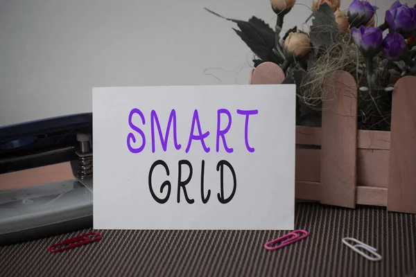 Текстовый знак, показывающий Smart Grid. Концептуальная фотография включает в себя эксплуатационные и энергетические измерения, включая метры Цветы и письменное оборудование плюс простой лист выше текстурированного фона . — стоковое фото
