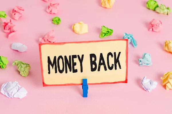 Conceptual hand writing showing Money Back. Business photo text get what you paid in return for defect or problem in product Colored crumpled papers empty reminder pink floor clothespin. — 스톡 사진