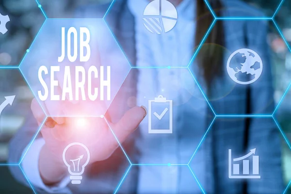 Tekstbord met Job Search. Conceptuele foto Een daad van demonstreren om werk te vinden dat geschikt is voor zijn beroep Vrouwelijke menselijke kleding formele werkpak presentatie presentatie gebruik maken van slimme apparaat. — Stockfoto