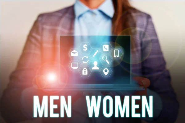 Conceptual hand writing showing Men Women. Business photo showcasing The state where in a boy or a girl turns to be a mature adult. — Stock Photo, Image