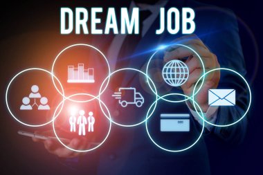 Kelime yazma metin Dream Job. Maaş ile ödenen ve size hapiness veren bir hareket için İş konsepti Erkek insan giyim resmi iş elbisesi akıllı cihaz kullanarak sunum sunan.