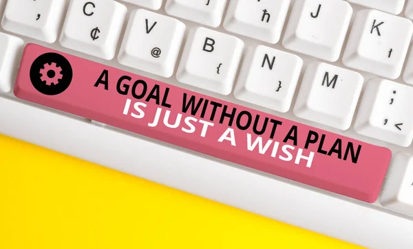 Conceptual hand writing showing A Goal Without A Plan Is Just A Wish. Business photo text Make strategies to reach objectives White pc keyboard with note paper above the white background. — Stock Photo, Image