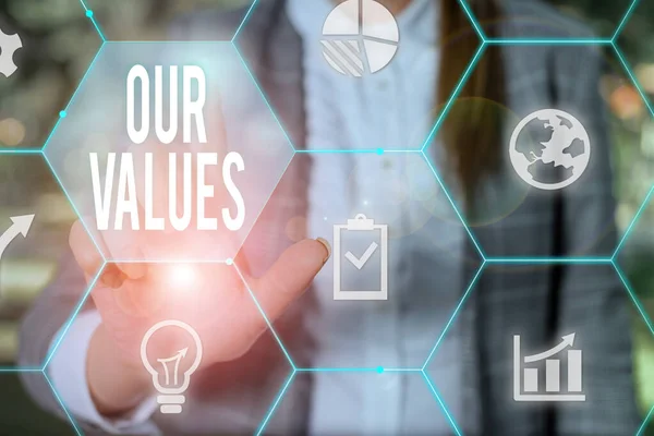 Text sign showing Our Values. Conceptual photo list of morals companies or individuals commit to do them Female human wear formal work suit presenting presentation use smart device. — Stockfoto