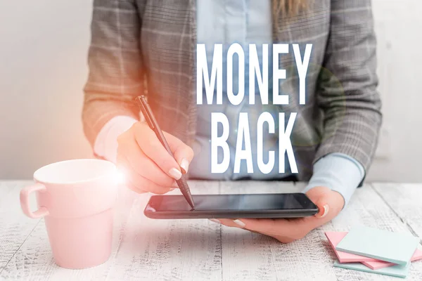 Writing note showing Money Back. Business photo showcasing get what you paid in return for defect or problem in product Business woman sitting with mobile phone and cup of coffee on the table.